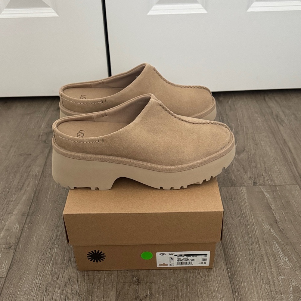 New UGG Taupe Suede Slip-On Platform Clogs